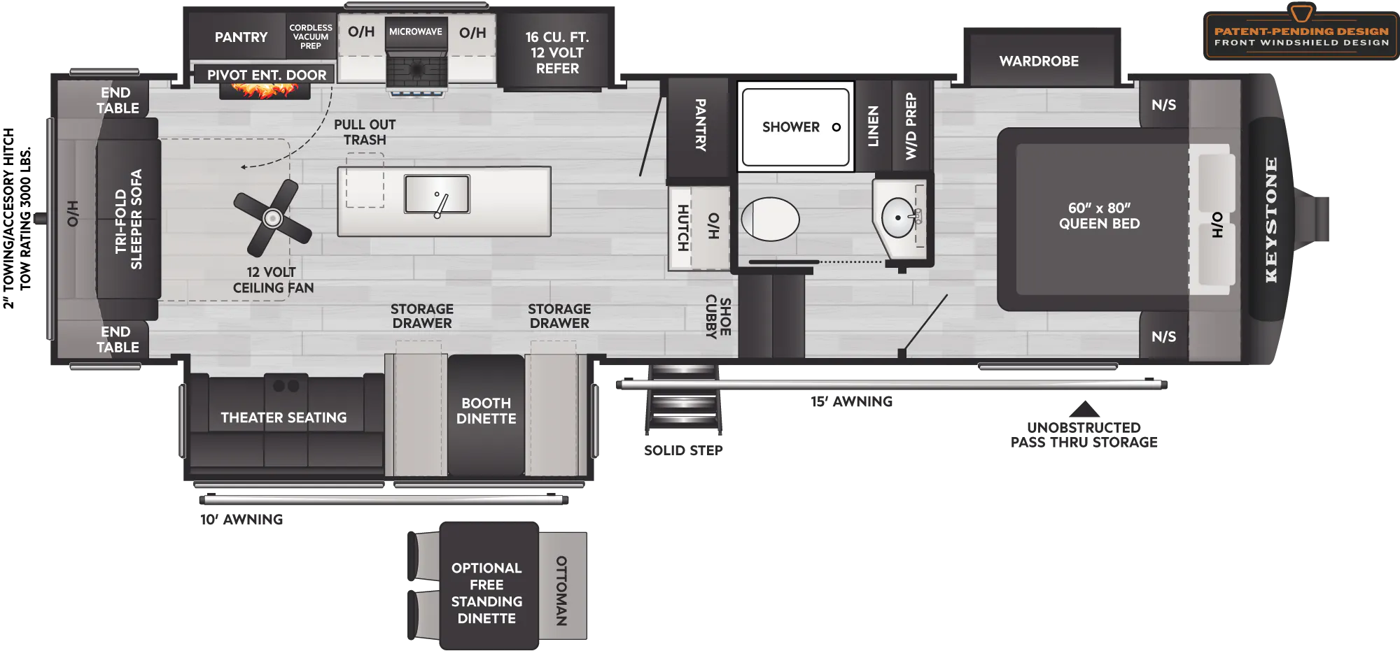 2027 Keystone Cougar 290RLS floor plan diagram — Rear Living, sleeps 6