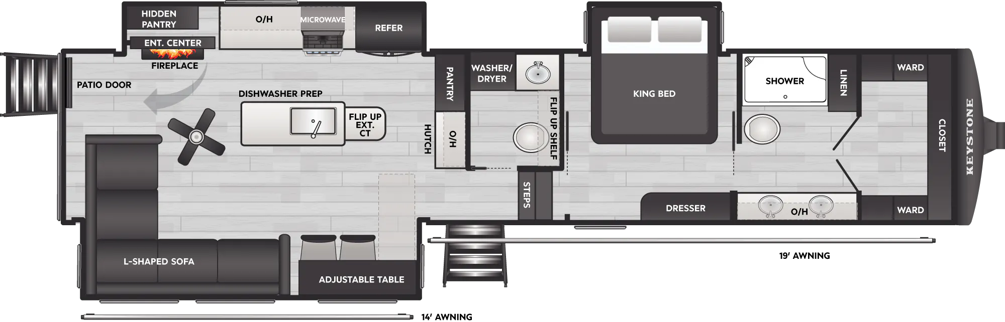 2027 Keystone Sprinter 3640RLP floor plan diagram — Rear Living, sleeps 4