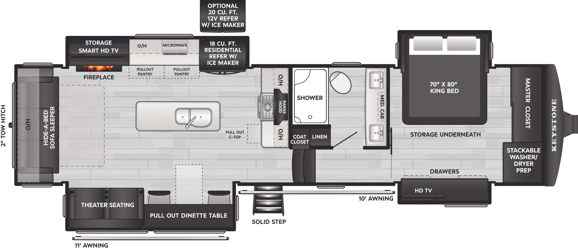 2027 Keystone Alpine 3303CK floor plan diagram — Rear Living, sleeps 4