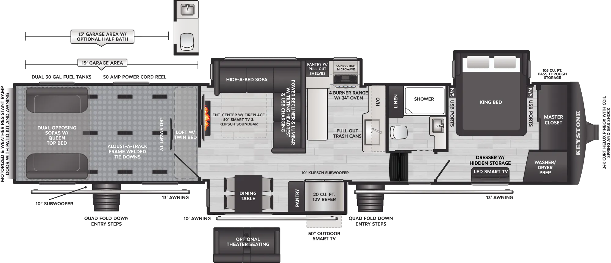2027 Keystone Raptor 441 floor plan diagram — Toy Hauler, sleeps 8