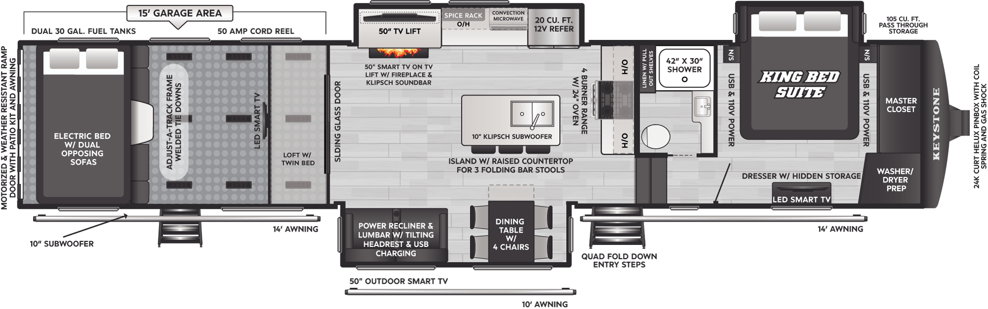 2027 Keystone Raptor 430 floor plan diagram — Toy Hauler, sleeps 8