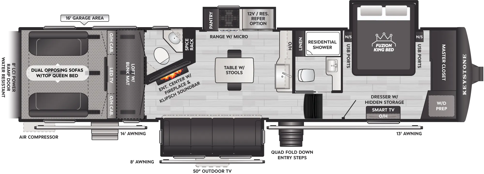 2027 Keystone Fuzion 419 floor plan diagram — Toy Hauler, sleeps 8