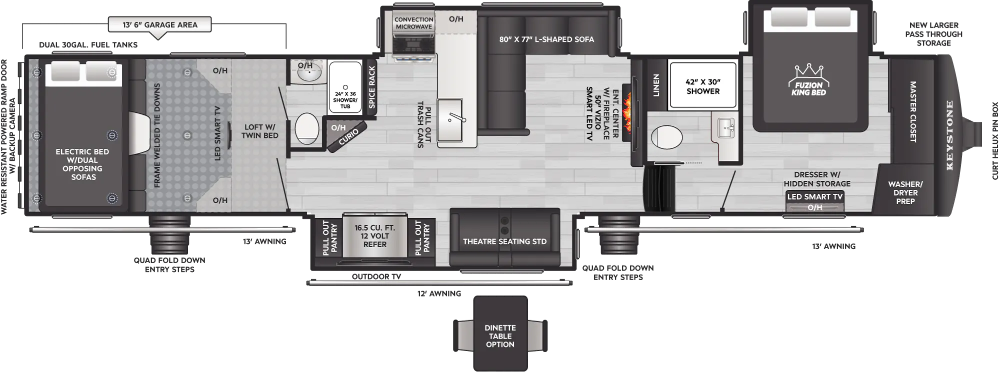 2027 Keystone Fuzion 432 floor plan diagram — Toy Hauler, sleeps 8