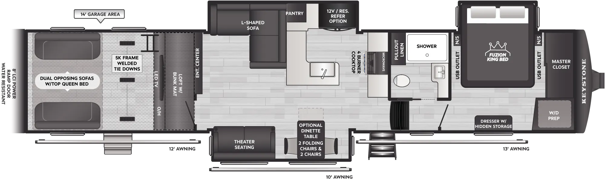 2027 Keystone Fuzion 440 floor plan diagram — Toy Hauler, sleeps 9