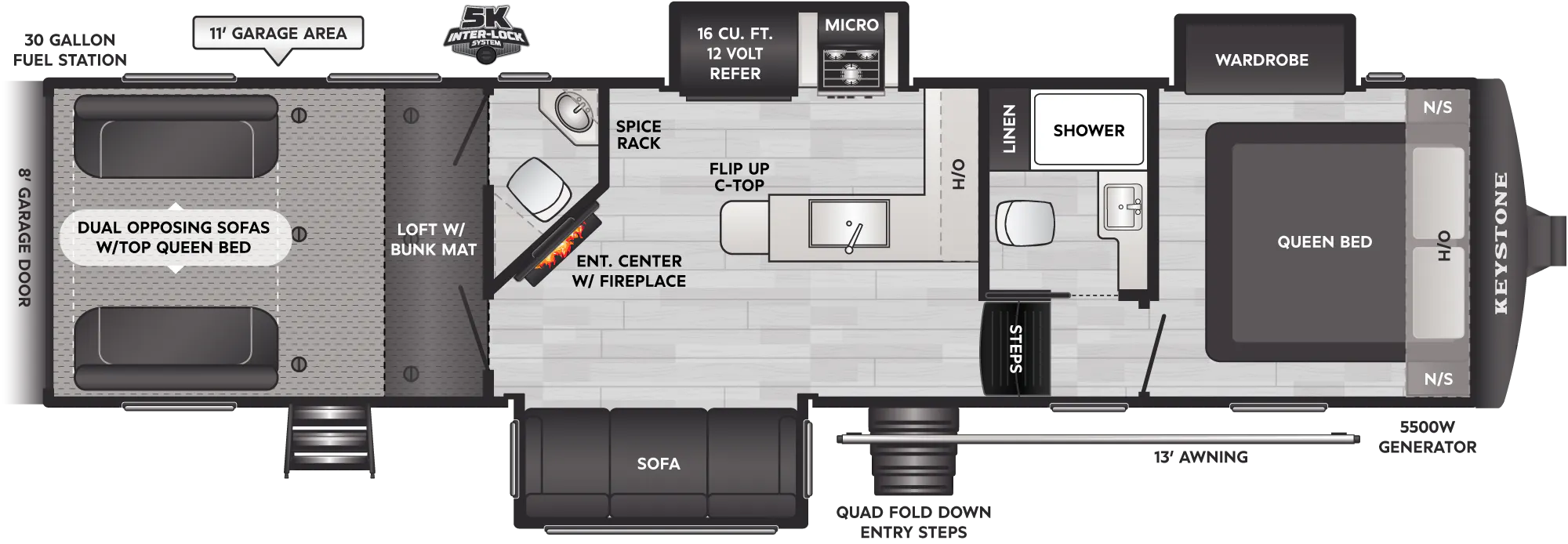 2027 Keystone Fuzion Impact Edition 337 floor plan diagram — Toy Hauler, sleeps 8