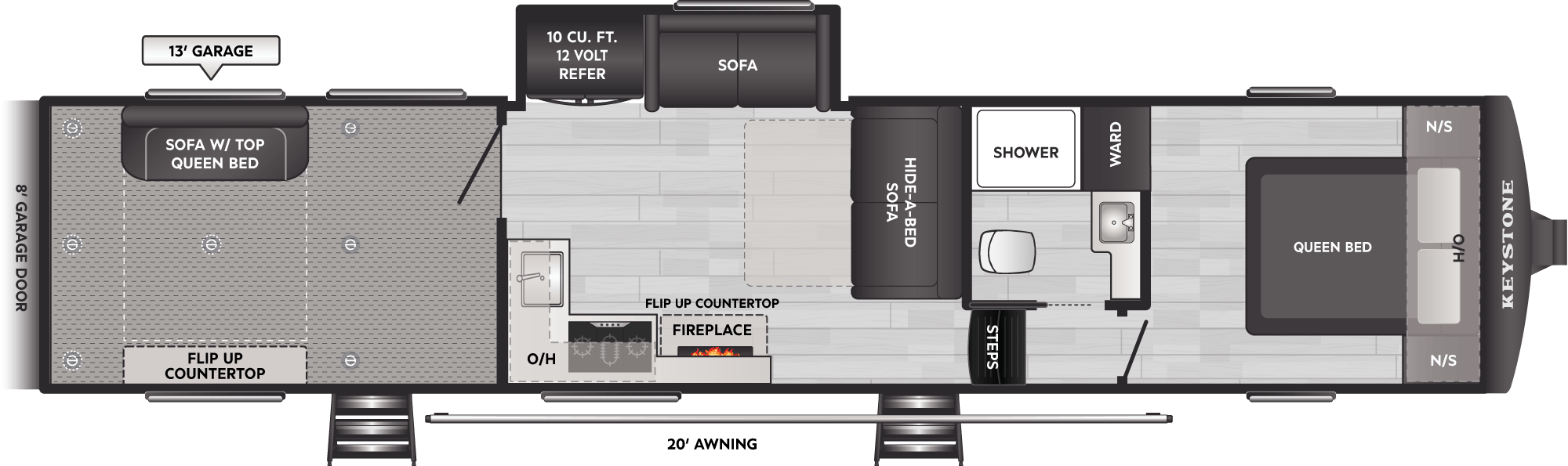 2027 Keystone Fuzion Impact Edition 361LT floor plan diagram — Toy Hauler, sleeps 8