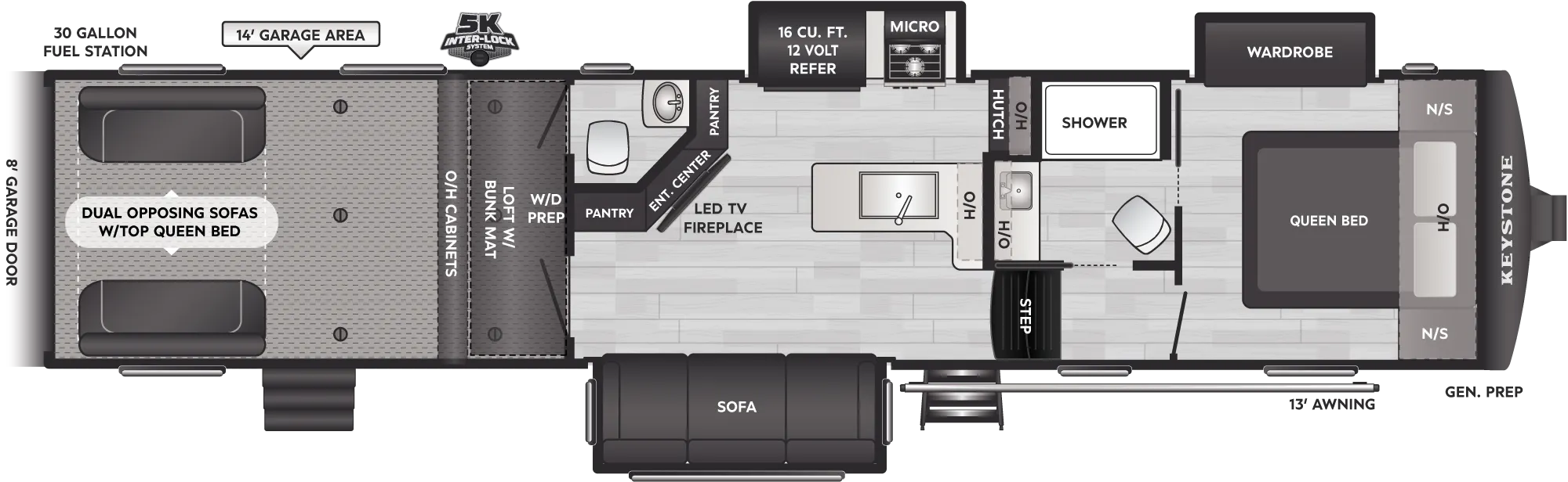 2027 Keystone Fuzion Impact Edition 367 floor plan diagram — Toy Hauler, sleeps 8
