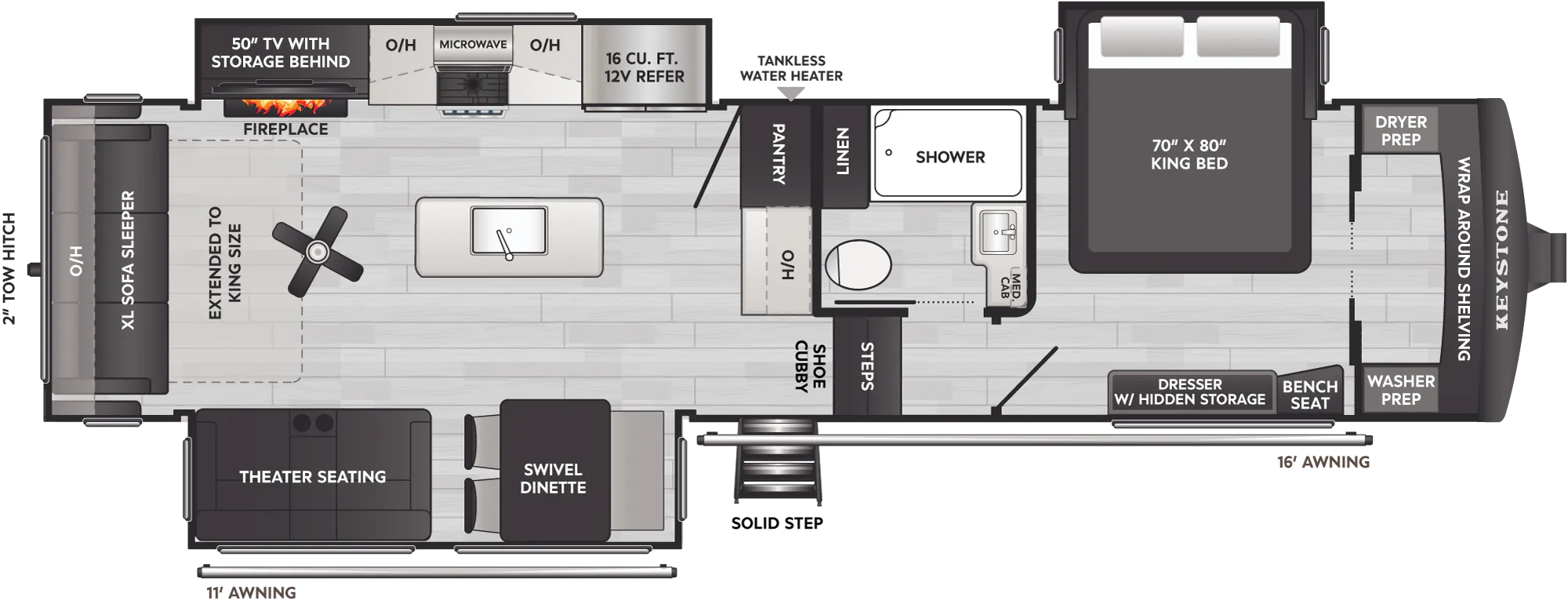 2027 Keystone Arcadia 3260RL floor plan diagram — Rear Living, sleeps 4