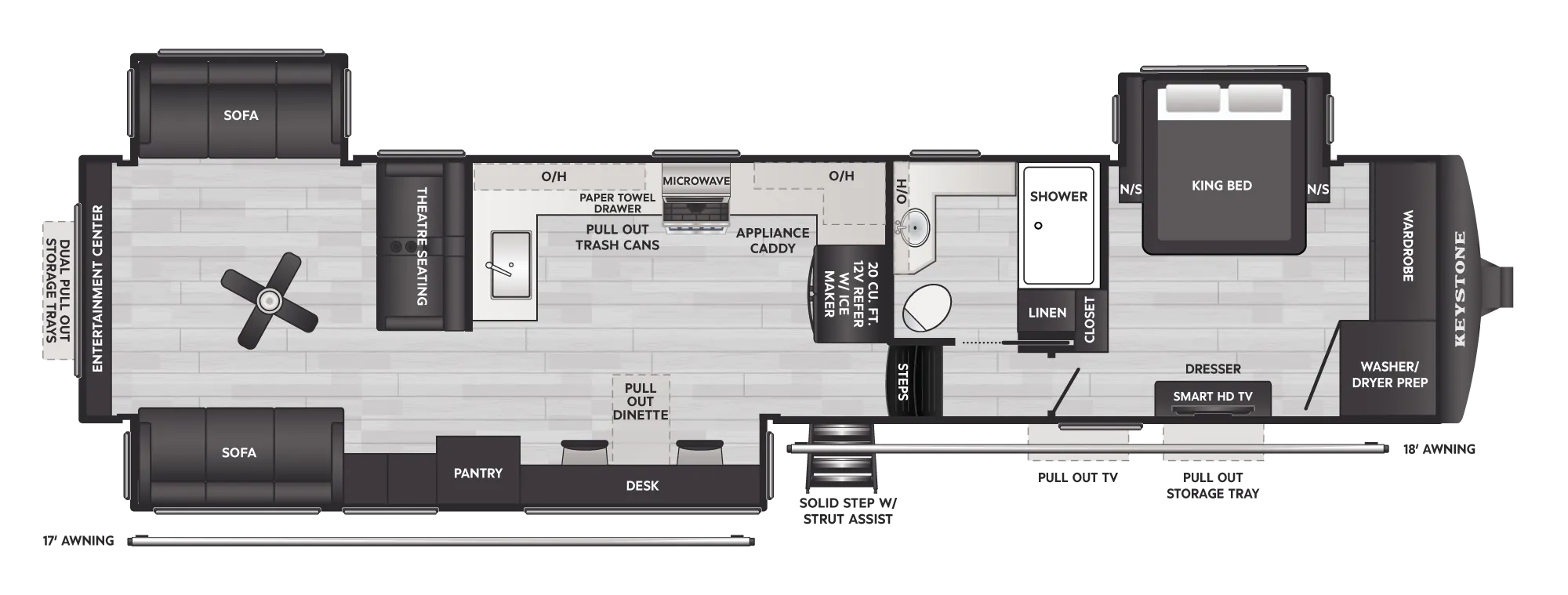 2027 Keystone Montana 3500RD floor plan diagram — Rear Living, sleeps 6