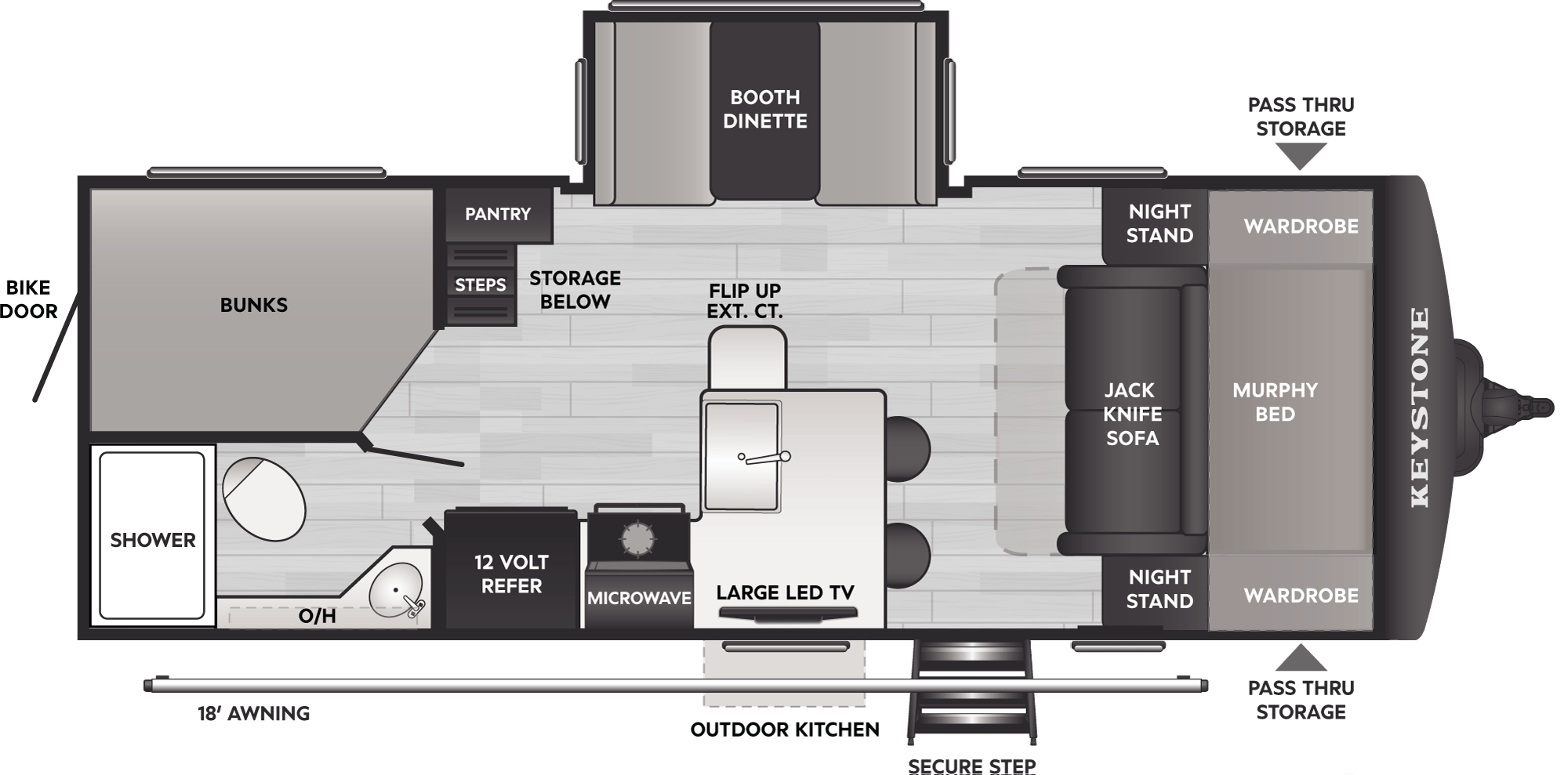 2027 Keystone Bullet Crossfire 222BHS floor plan diagram — Bunk House, sleeps 8
