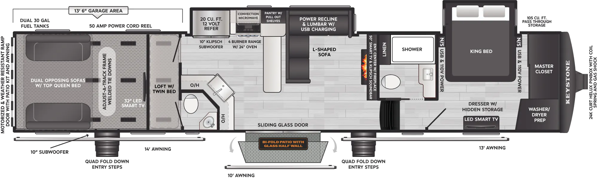 2027 Keystone Raptor 444 floor plan diagram — Toy Hauler, sleeps 7
