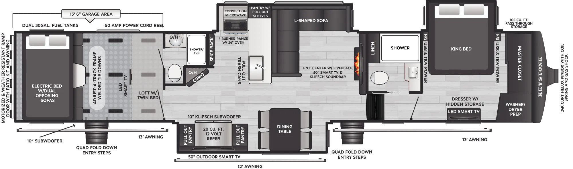 2027 Keystone Raptor 433 floor plan diagram — Toy Hauler, sleeps 7