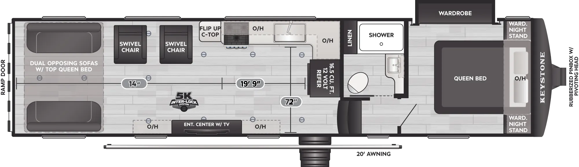 2027 Keystone Carbon 310 floor plan diagram — Toy Hauler, sleeps 6