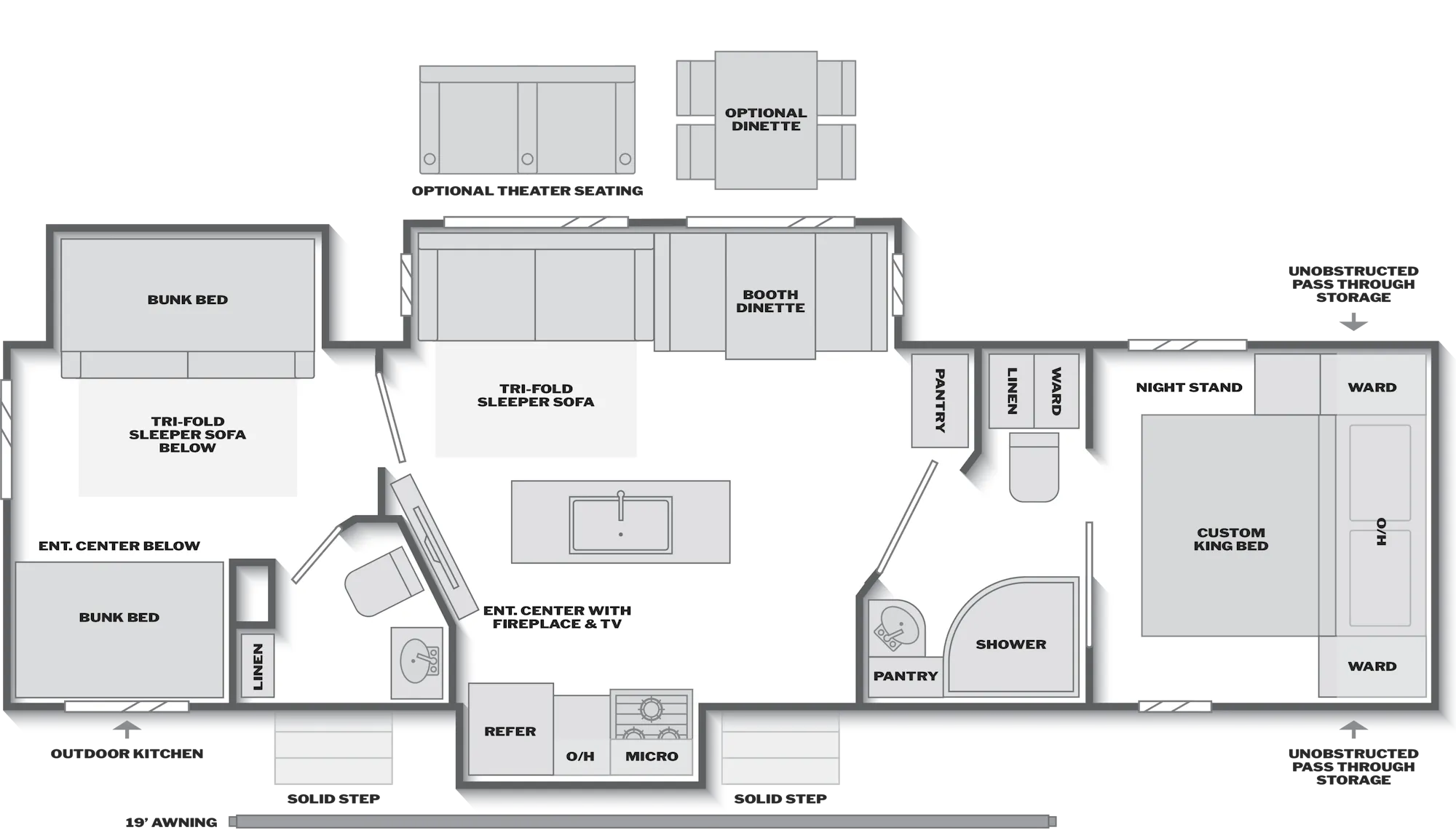2027 Keystone Passport Super Lite 3300BK floor plan diagram — Bunk House, sleeps 10