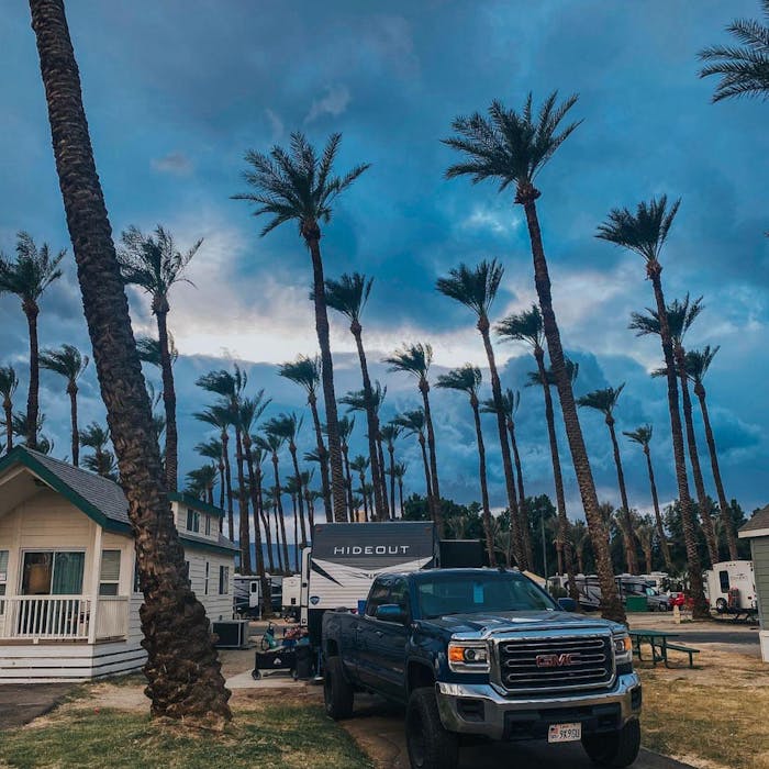 Hideout RV sitting in Palm Springs with high winds.