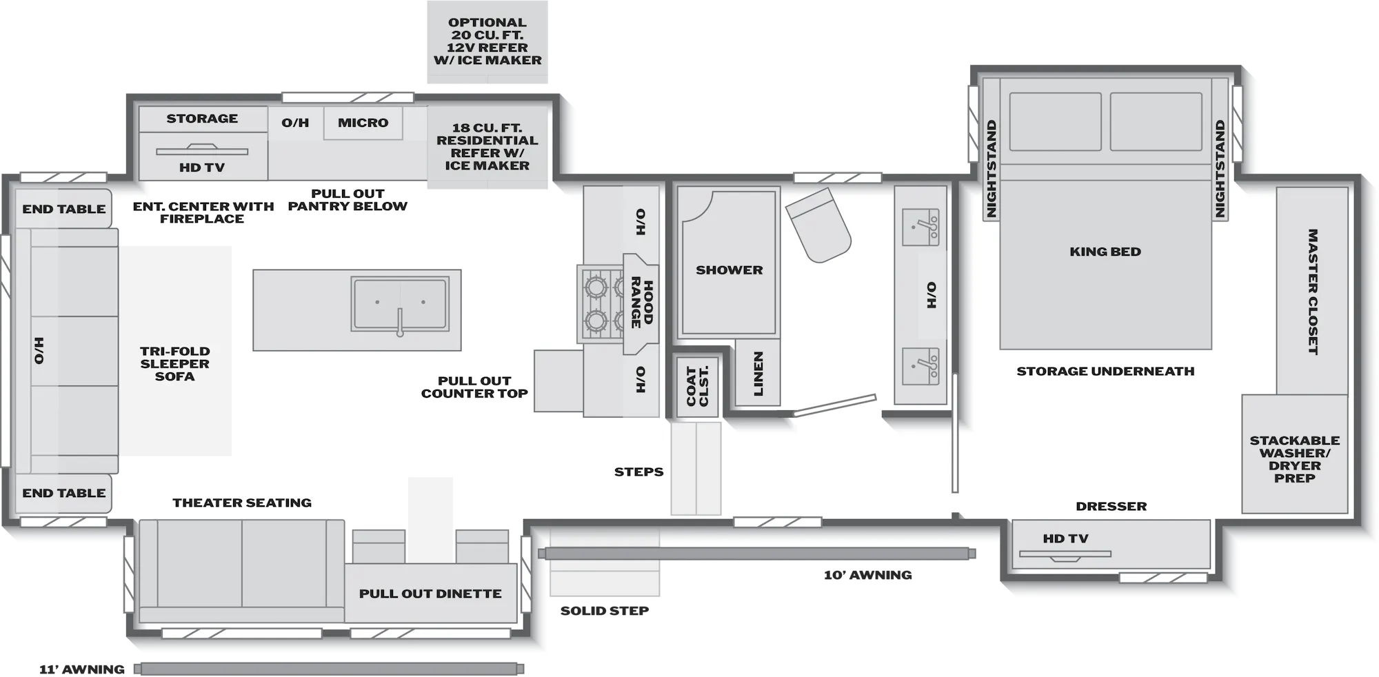 2027 Keystone Alpine 3303CK floor plan diagram — Rear Living, sleeps 4