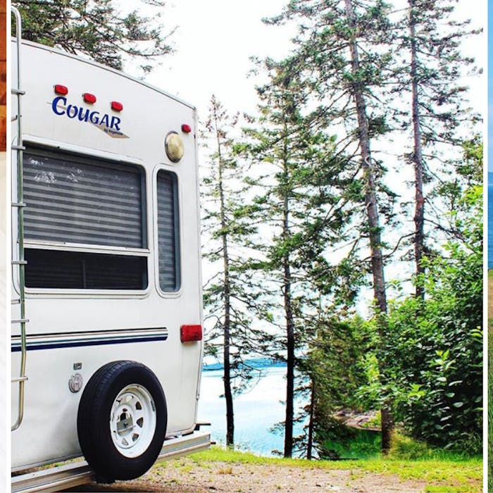 The back of an older Keystone Cougar parked beside a lake.  picture on right of Rachael Lyons walking in a grassy field in front of a lighthouse.