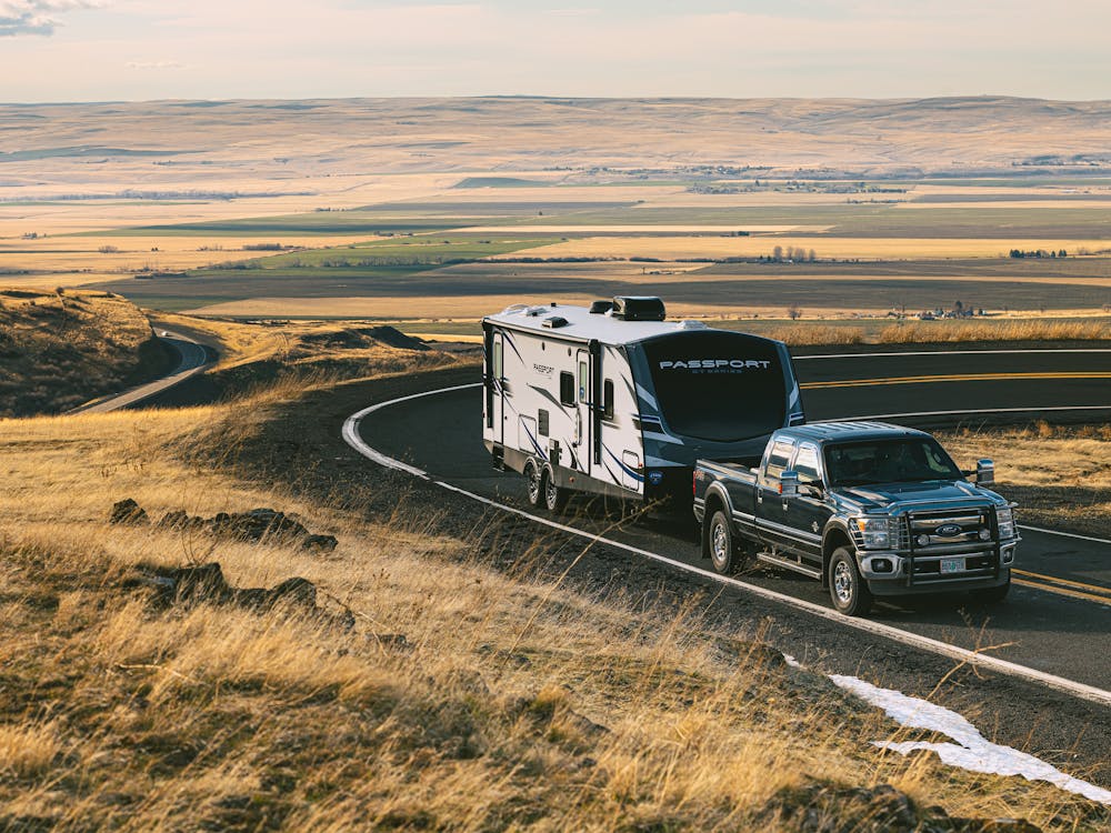 Passport RV being towed through Oregon