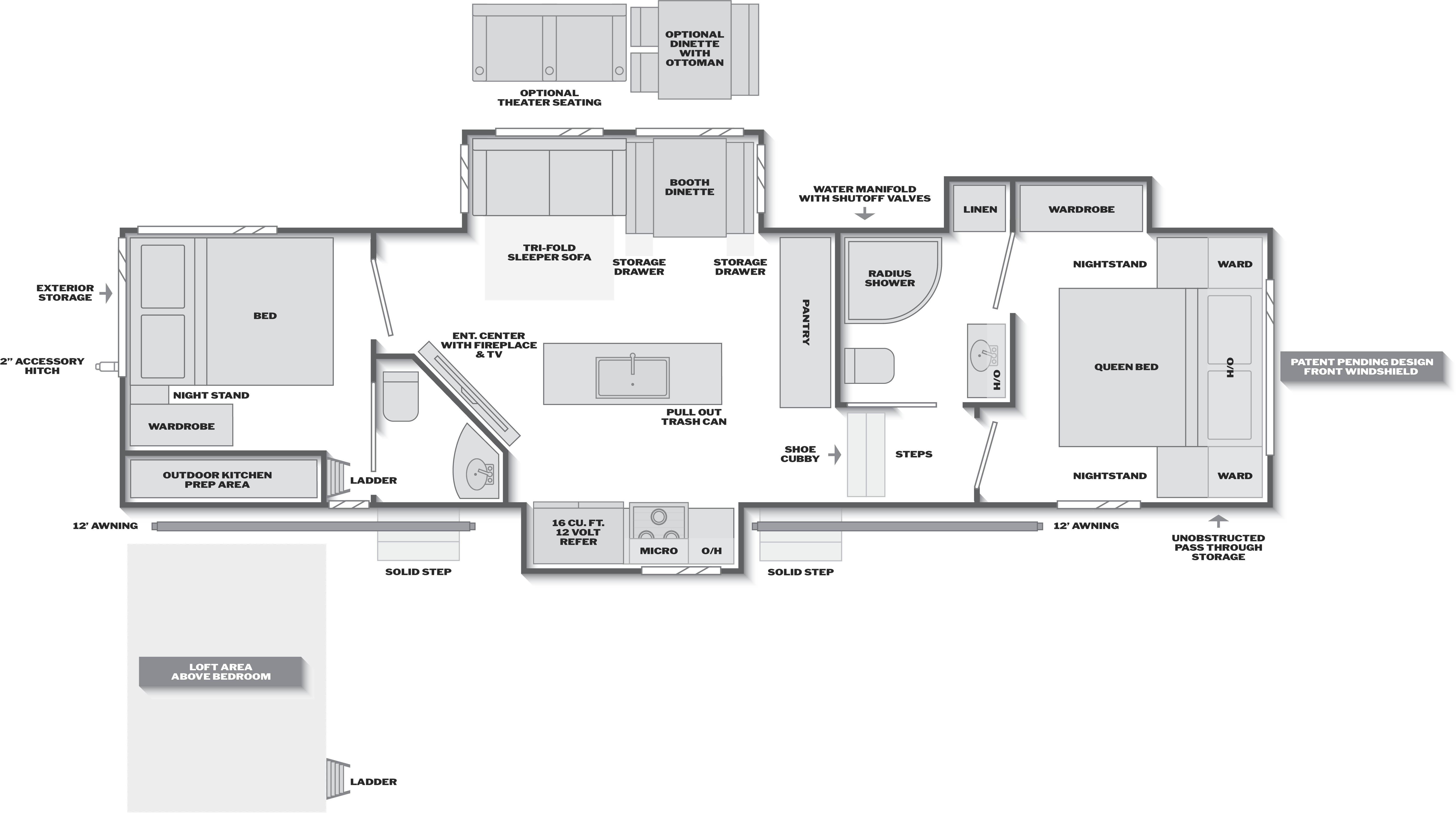 Floorplan of RV model 364BHL