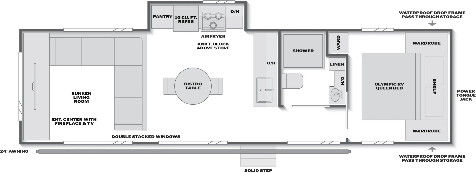 2026 Keystone Springdale 31SUNROOM floor plan diagram — Rear Living, sleeps 4