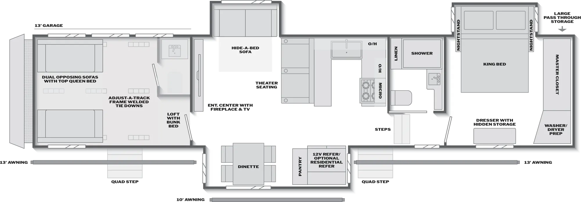 2027 Keystone Fuzion 442 floor plan diagram — Toy Hauler, sleeps 9