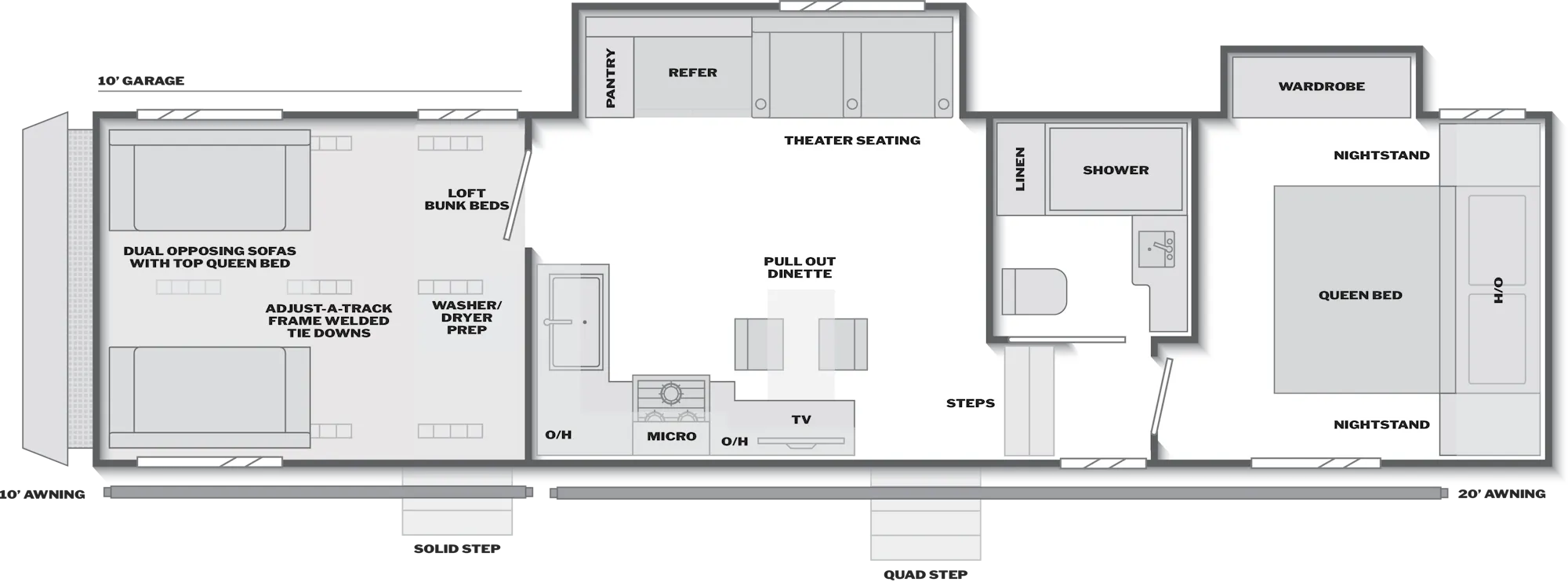 2027 Keystone Carbon 330 floor plan diagram — Toy Hauler, sleeps 6