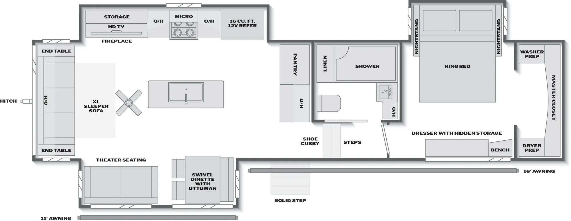 2027 Keystone Arcadia 3260RL floor plan diagram — Rear Living, sleeps 4