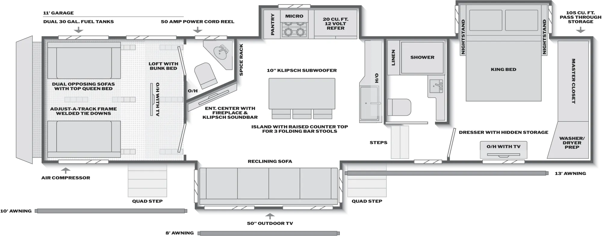 2027 Keystone Raptor 352 floor plan diagram — Toy Hauler, sleeps 7