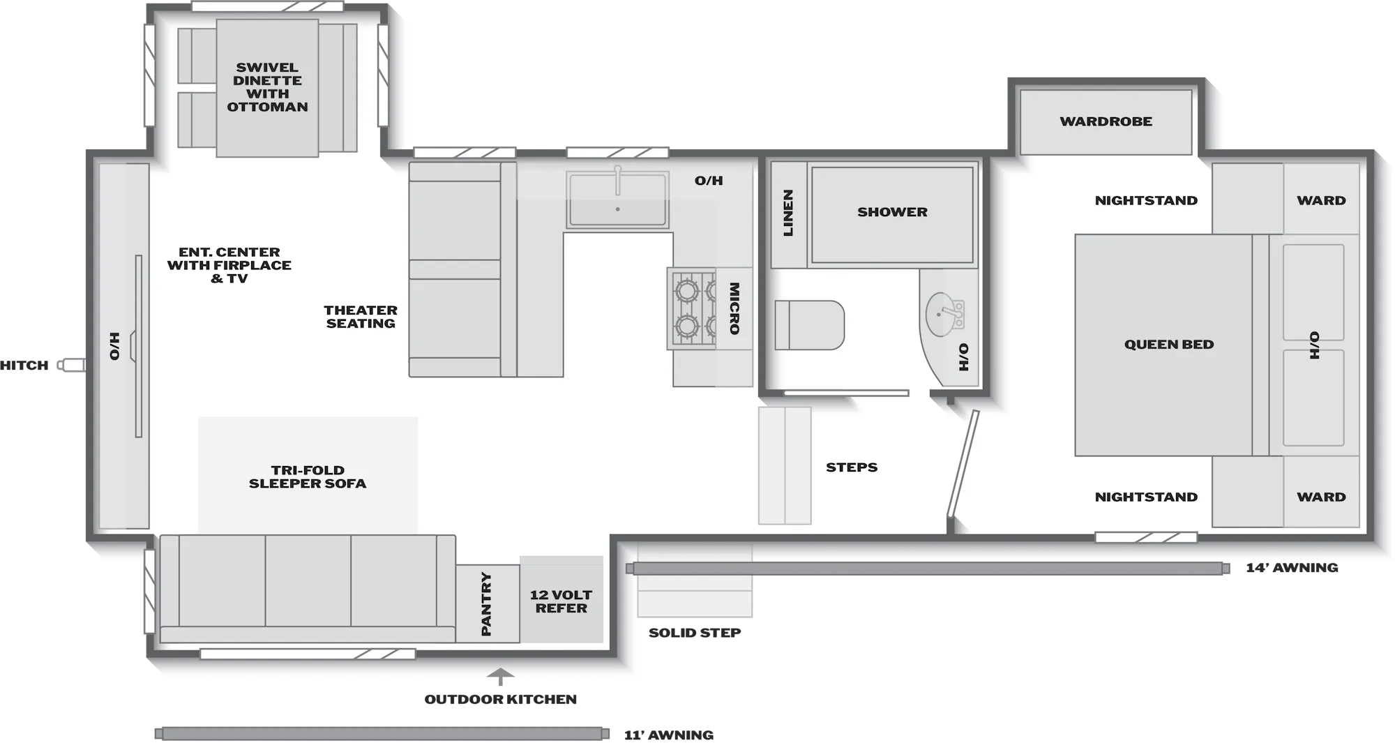 2027 Keystone Arcadia Super Lite 294SLRD floor plan diagram — Rear Living, sleeps 5
