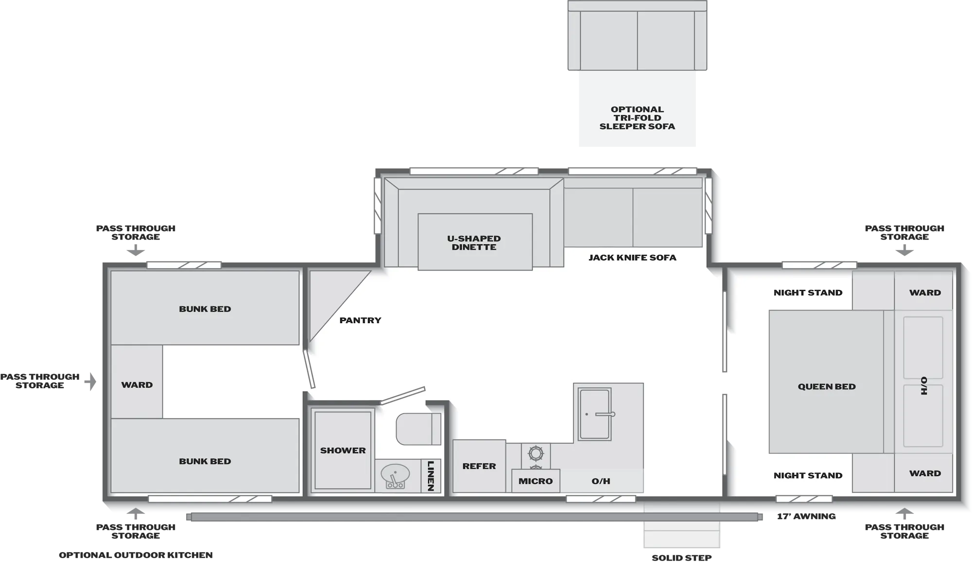 2027 Keystone Bullet Classic 28QBC floor plan diagram — Bunk House, sleeps 10