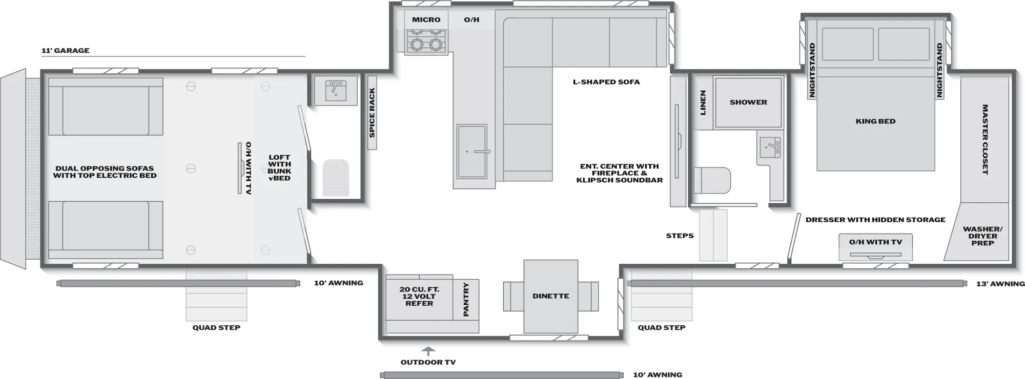2027 Keystone Fuzion 383 floor plan diagram — Toy Hauler, sleeps 8