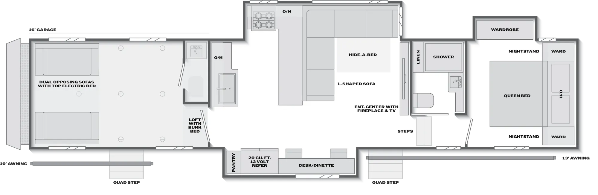 2027 Keystone Fuzion Impact Edition 422 floor plan diagram — Toy Hauler, sleeps 8