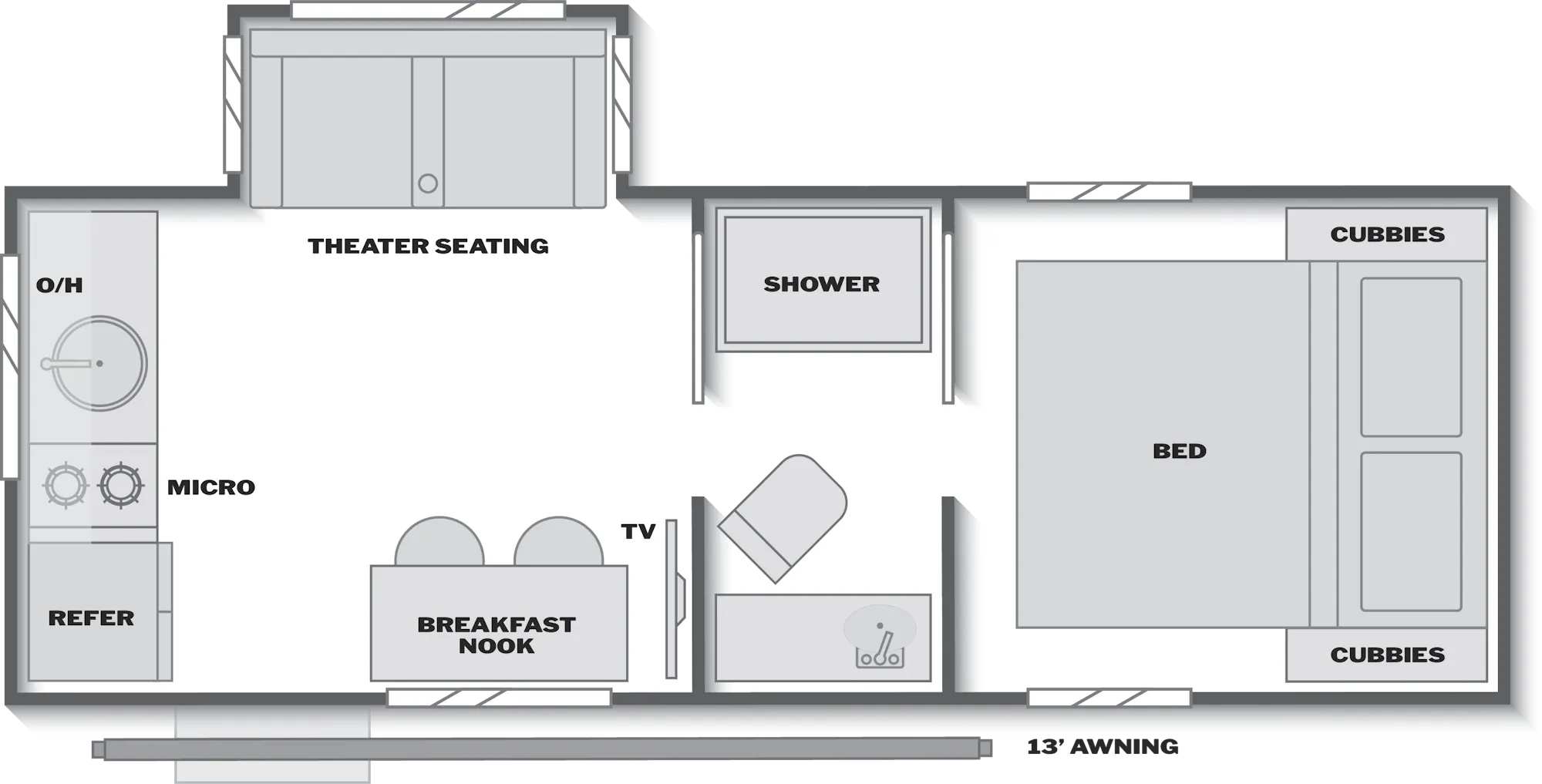 2027 Keystone Reign 19RK floor plan diagram — Rear Kitchen, sleeps 4